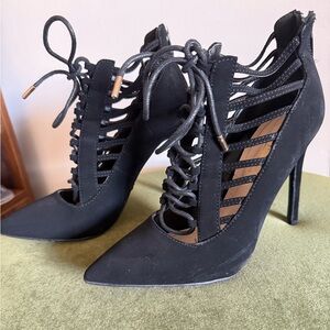 Black lace up suede heels